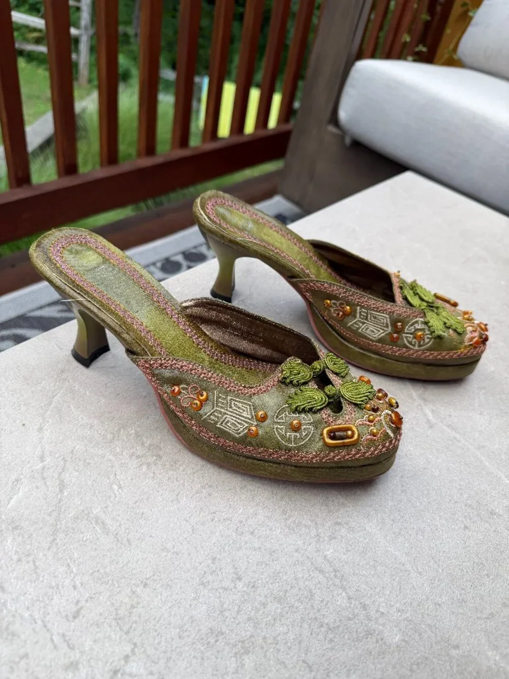 Vintage 90s Y2K Whimsigoth Beaded Embroidered Kitten Heel Mules